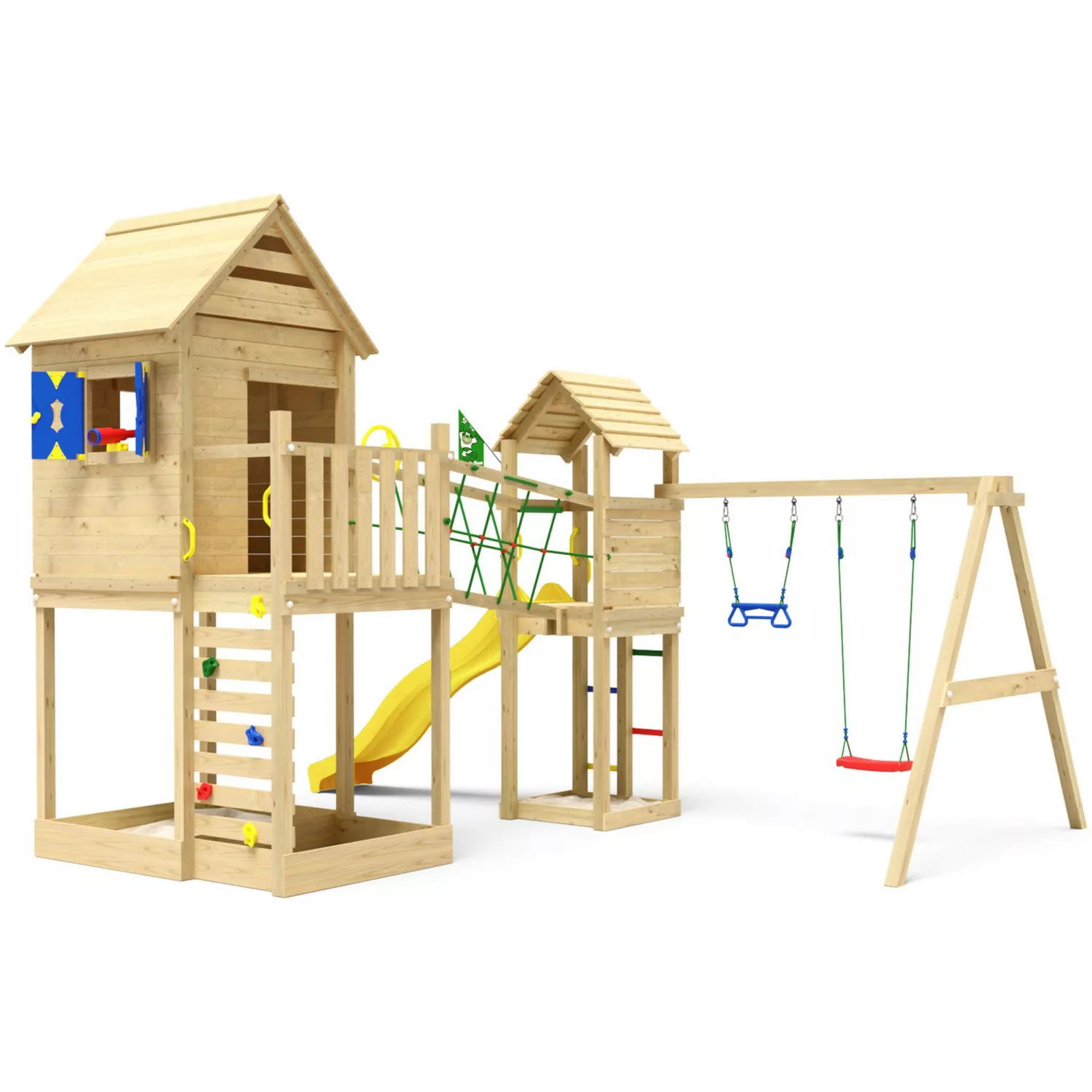 Jungle Gym Spielturm Retreat Holz Fensterläden Doppelschaukel Rutsche Gelb günstig online kaufen