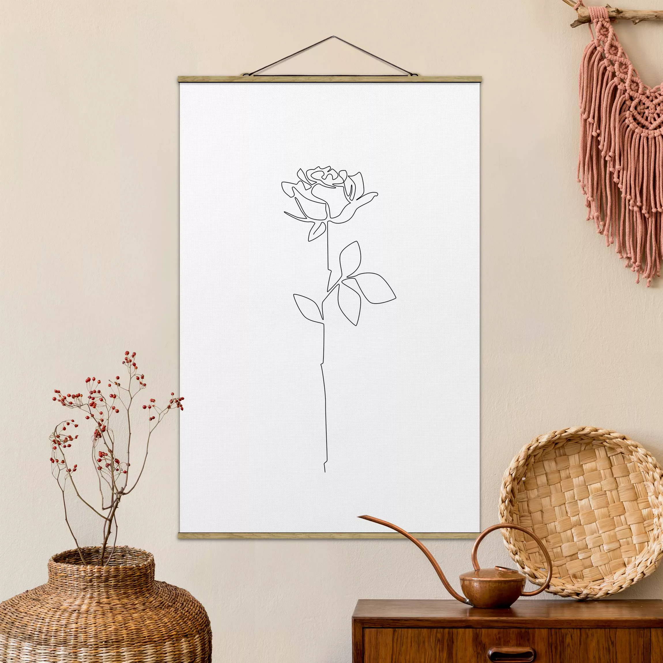 Stoffbild mit Posterleisten Line Art Blumen - Rose günstig online kaufen