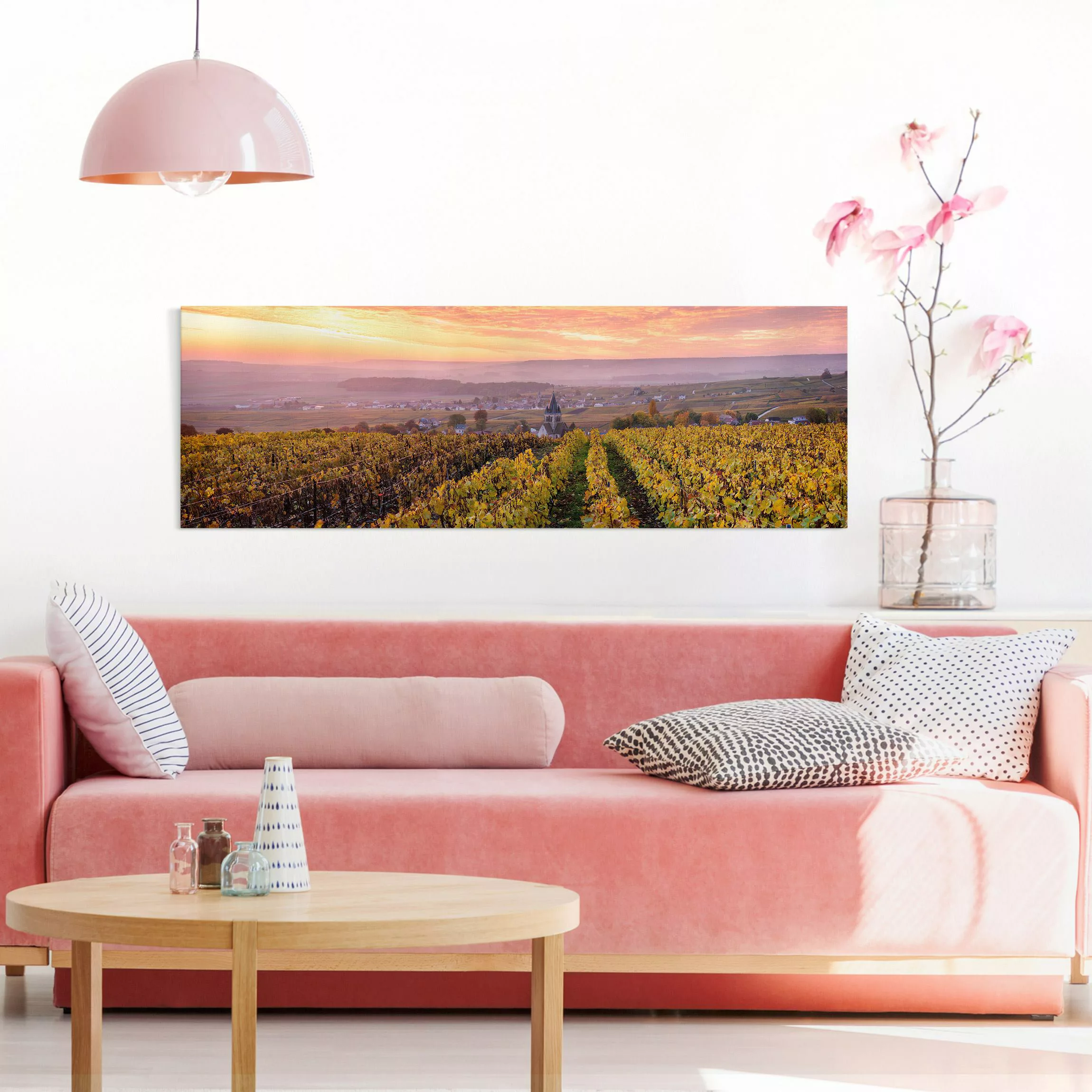 Leinwandbild Weinplantage bei Sonnenuntergang günstig online kaufen