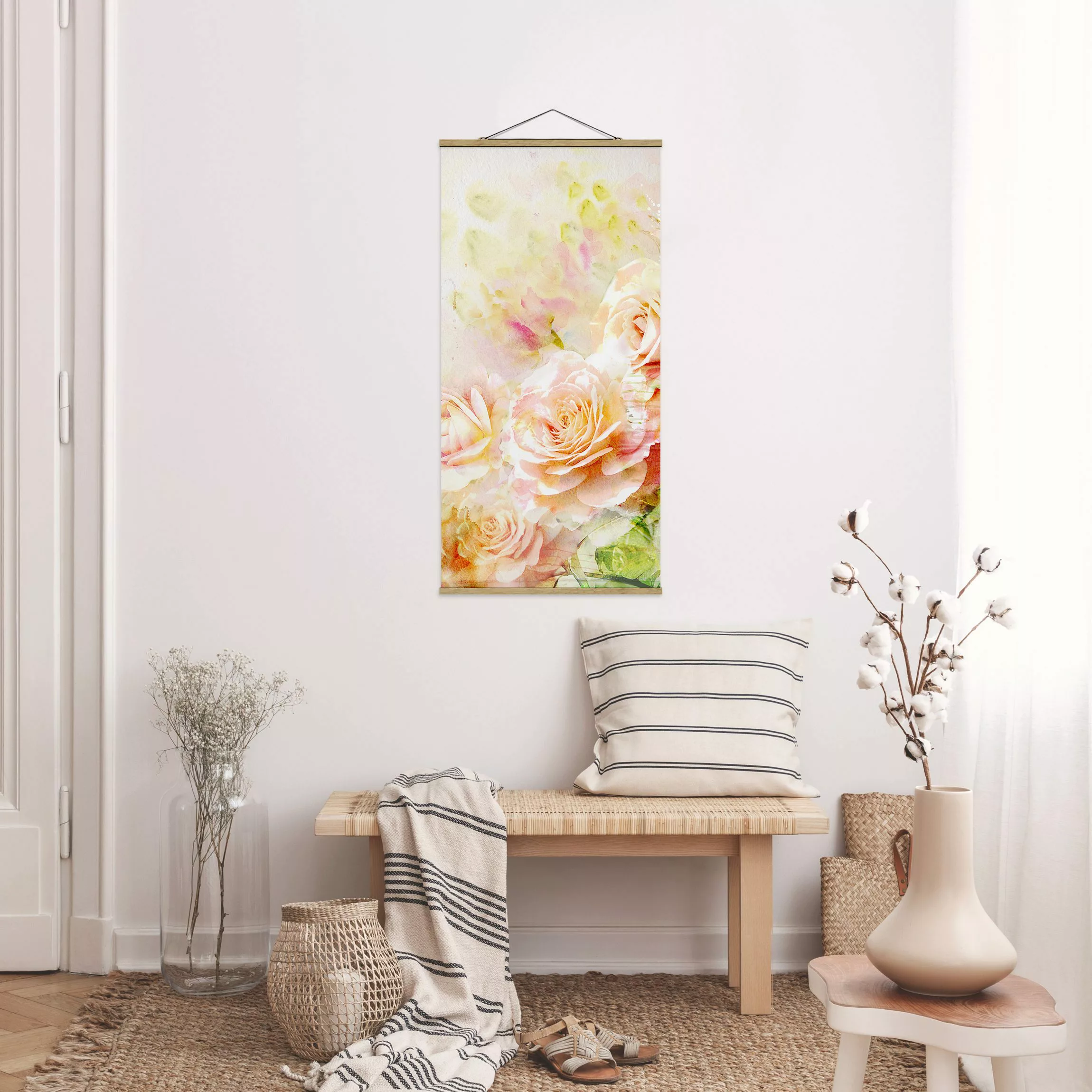 Stoffbild Blumen mit Posterleisten - Hochformat Aquarell Rosen Komposition günstig online kaufen