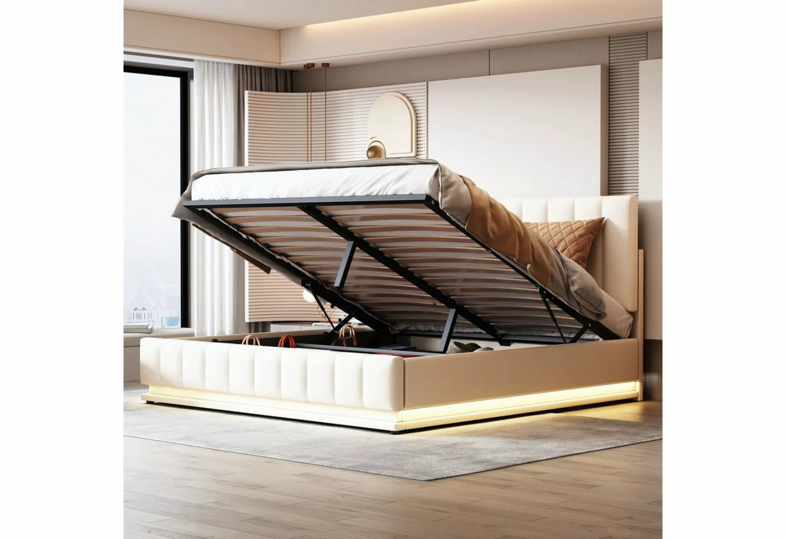 Ulife Polsterbett Hydraulisches Stauraumbett Doppelbett mit LED, Polsterkop günstig online kaufen