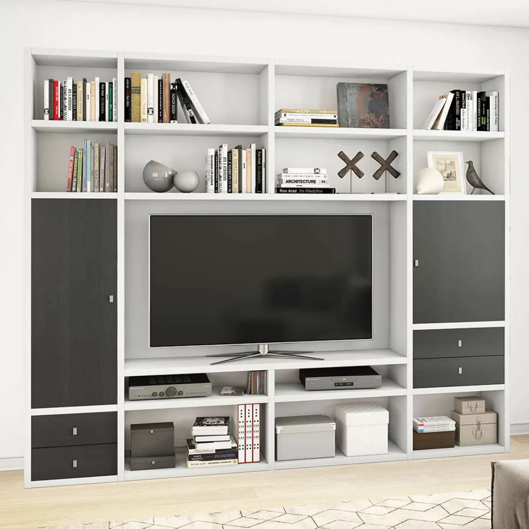Fernseherwand in Weiß und Eiche Schwarz Braun Türen günstig online kaufen
