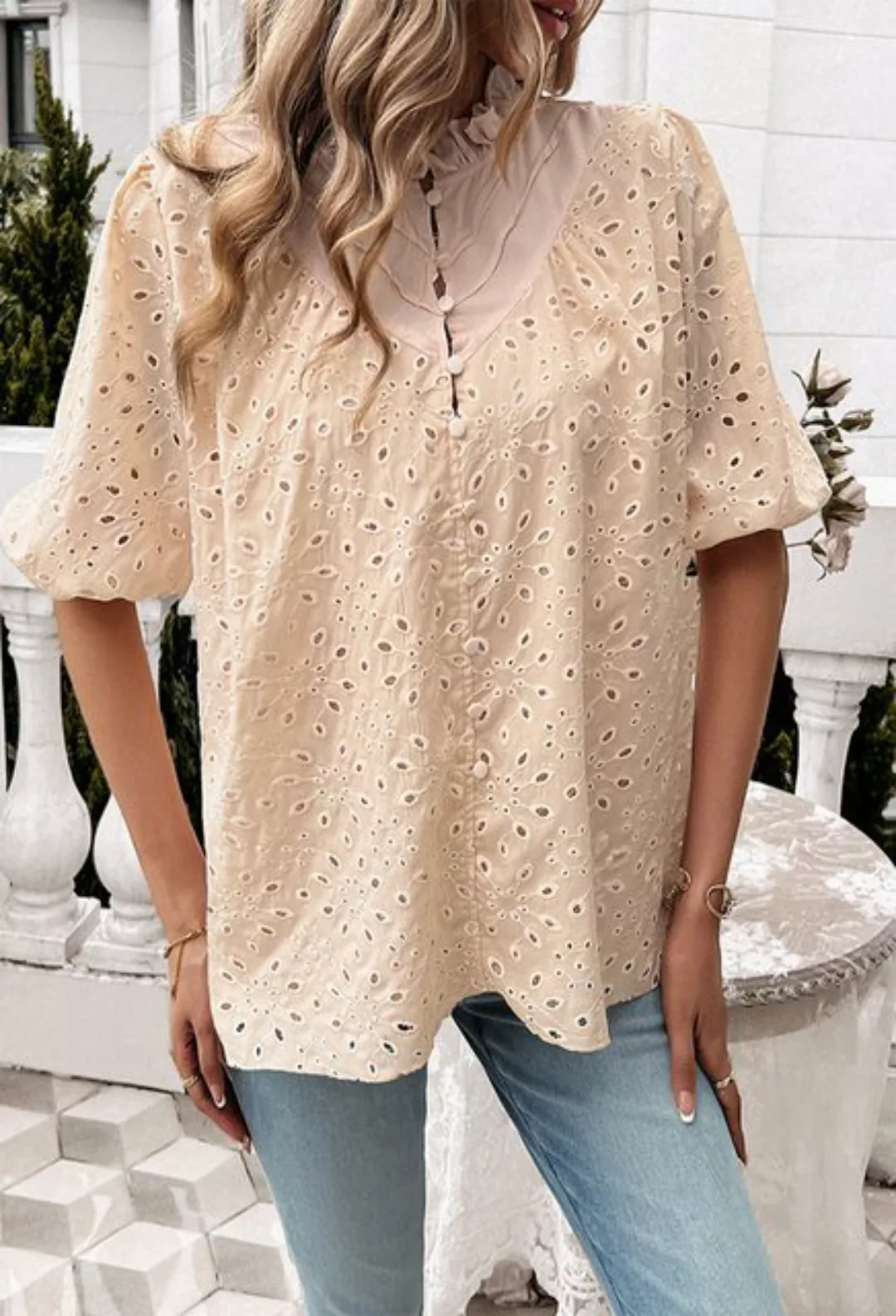 CHENIN Kurzarmhemd Frauen Bubble Sleeve Stickerei Shirt Sommer Casual Shirt günstig online kaufen