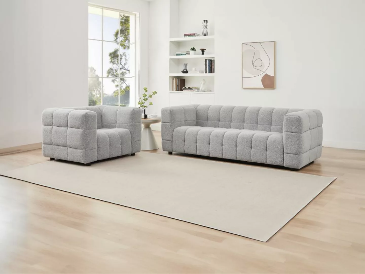 Sofagarnitur 3-Sitzer & Sessel - Bouclé-Stoff - Hellgrau - LERICI von Pasca günstig online kaufen
