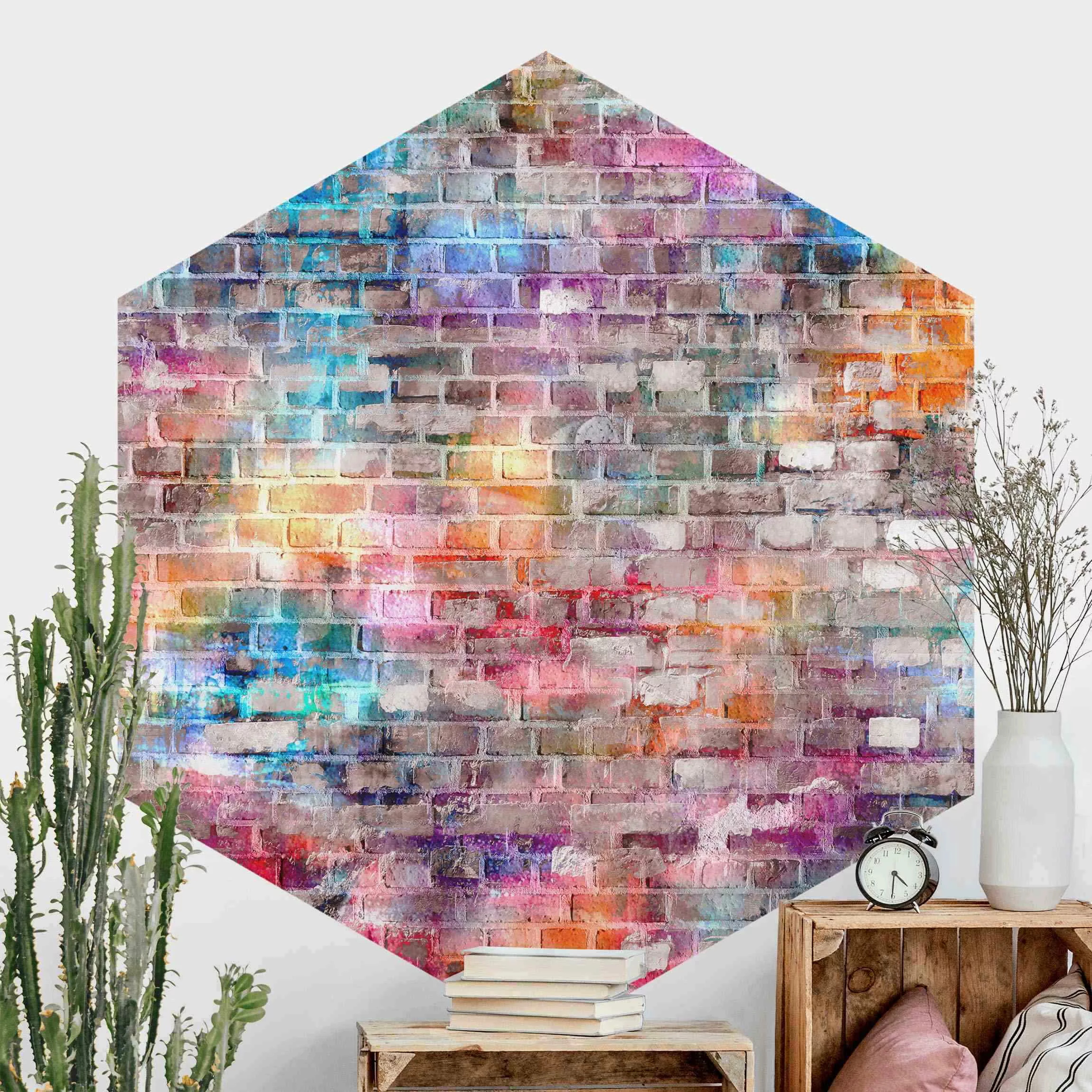 Hexagon Mustertapete selbstklebend Bunte Shabby Backsteinwand günstig online kaufen