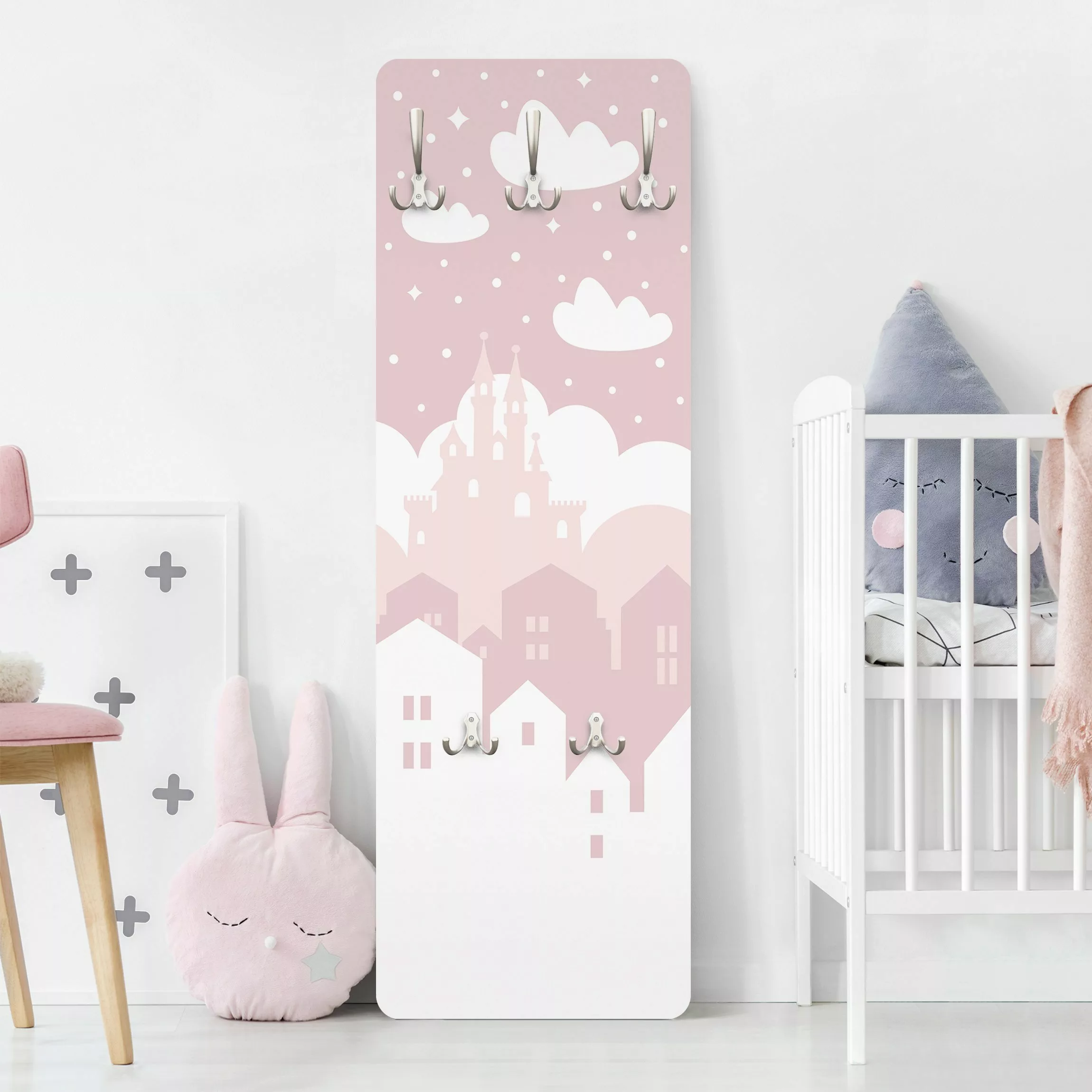 Wandgarderobe Holzpaneel Kinderzimmer Wolkenschloss in rosa günstig online kaufen