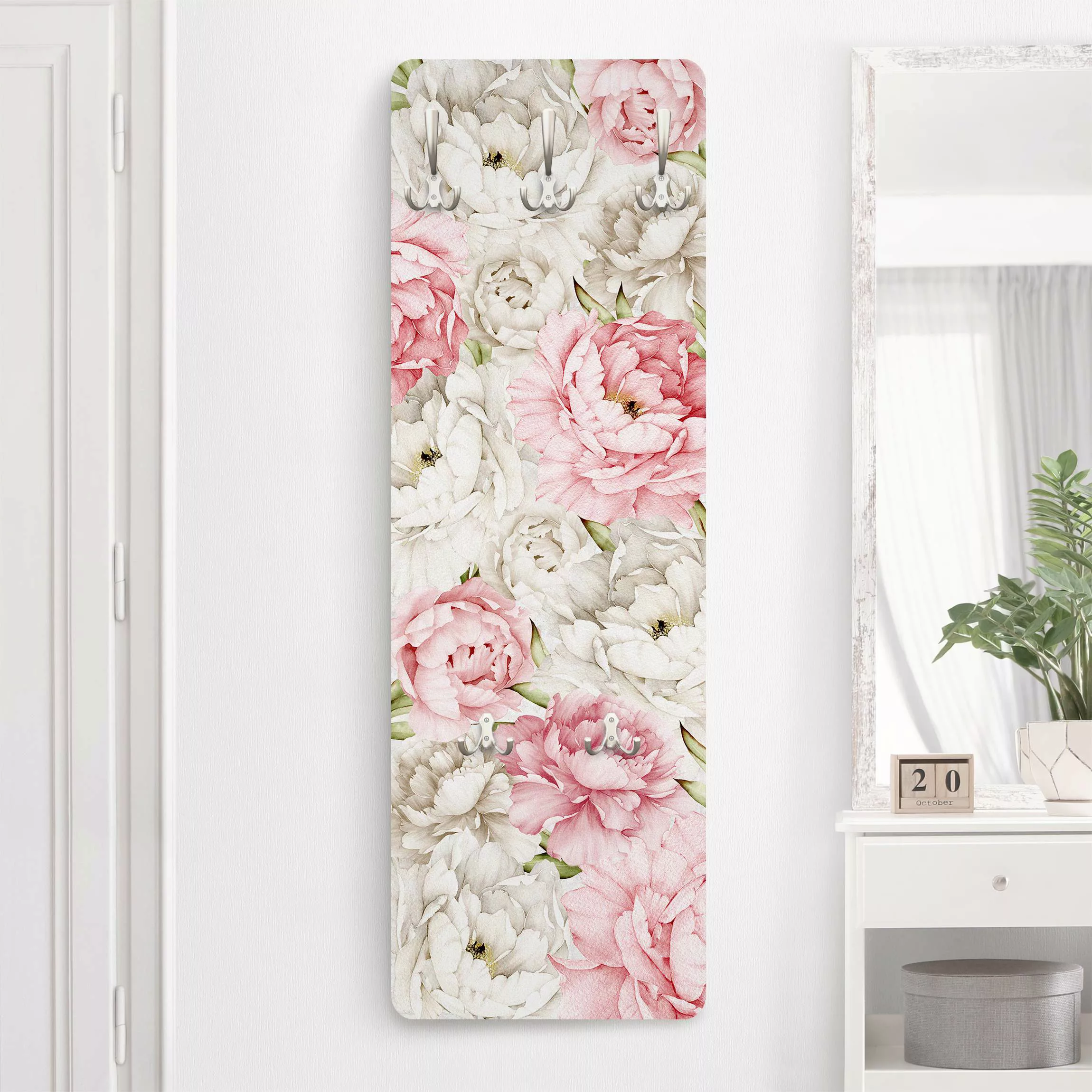 Wandgarderobe Holzpaneel Blumen Pfingstrosen Rosé Weiß günstig online kaufen