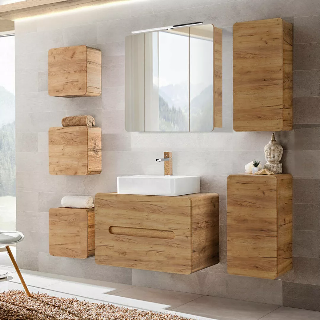 Badezimmermöbel Set mit 80 cm Waschtisch LUTON-56-CRAFT in Wotan Eiche Nb., günstig online kaufen