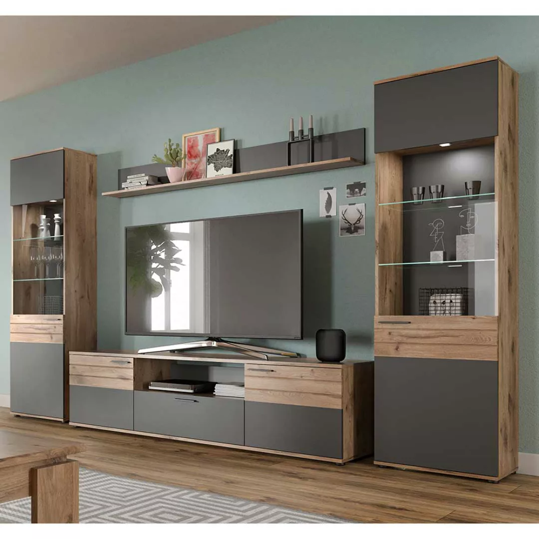 Wohnzimmerwand in Wildeichefarben und Grau 308 cm breit (vierteilig) günstig online kaufen