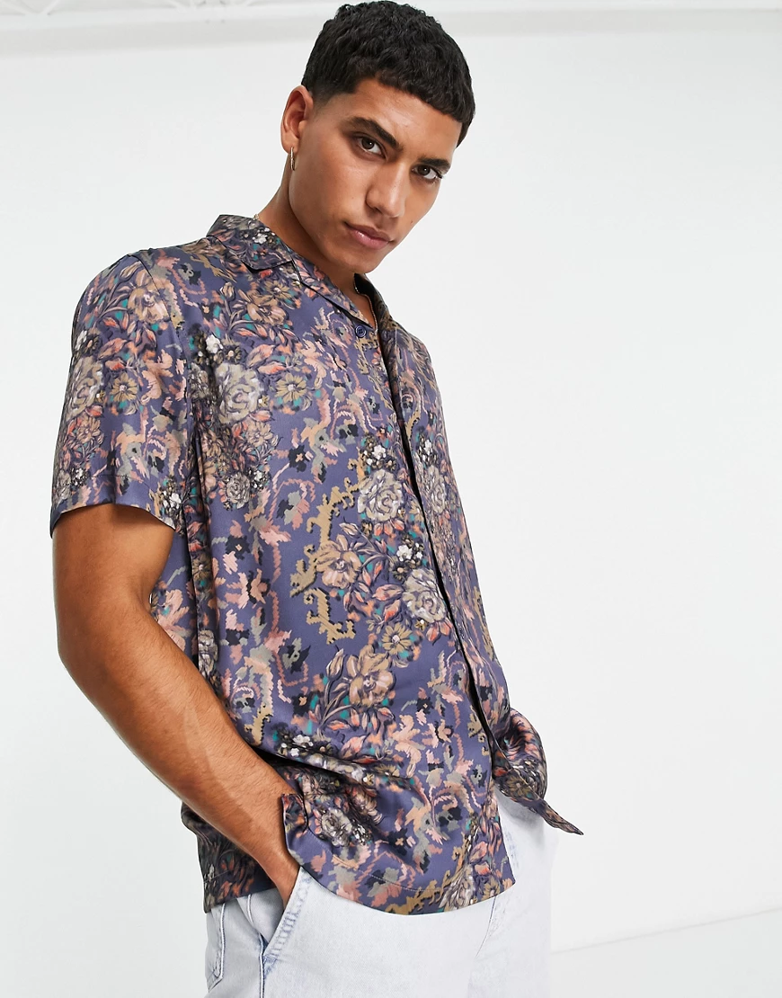 Topman – Hemd mit Blumenprint in Blau-Mehrfarbig günstig online kaufen