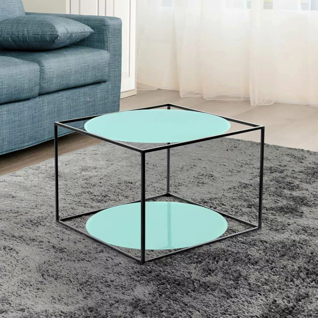 Design Couchtisch in Mindgrün und Schwarz runden Glasplatten günstig online kaufen