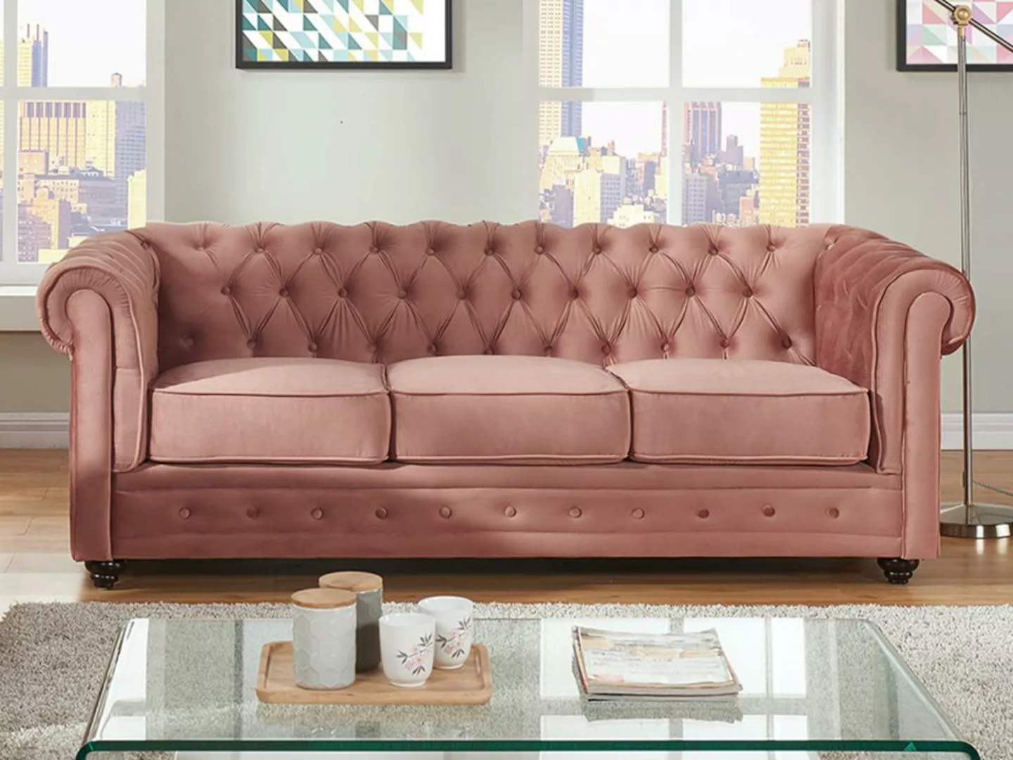 Sofa 3-Sitzer - Samt - Rosa - CHESTERFIELD günstig online kaufen