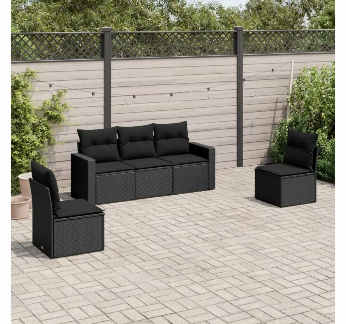 vidaXL Loungesofa 5-tlg. Garten-Sofagarnitur mit Kissen Schwarz Poly Rattan günstig online kaufen