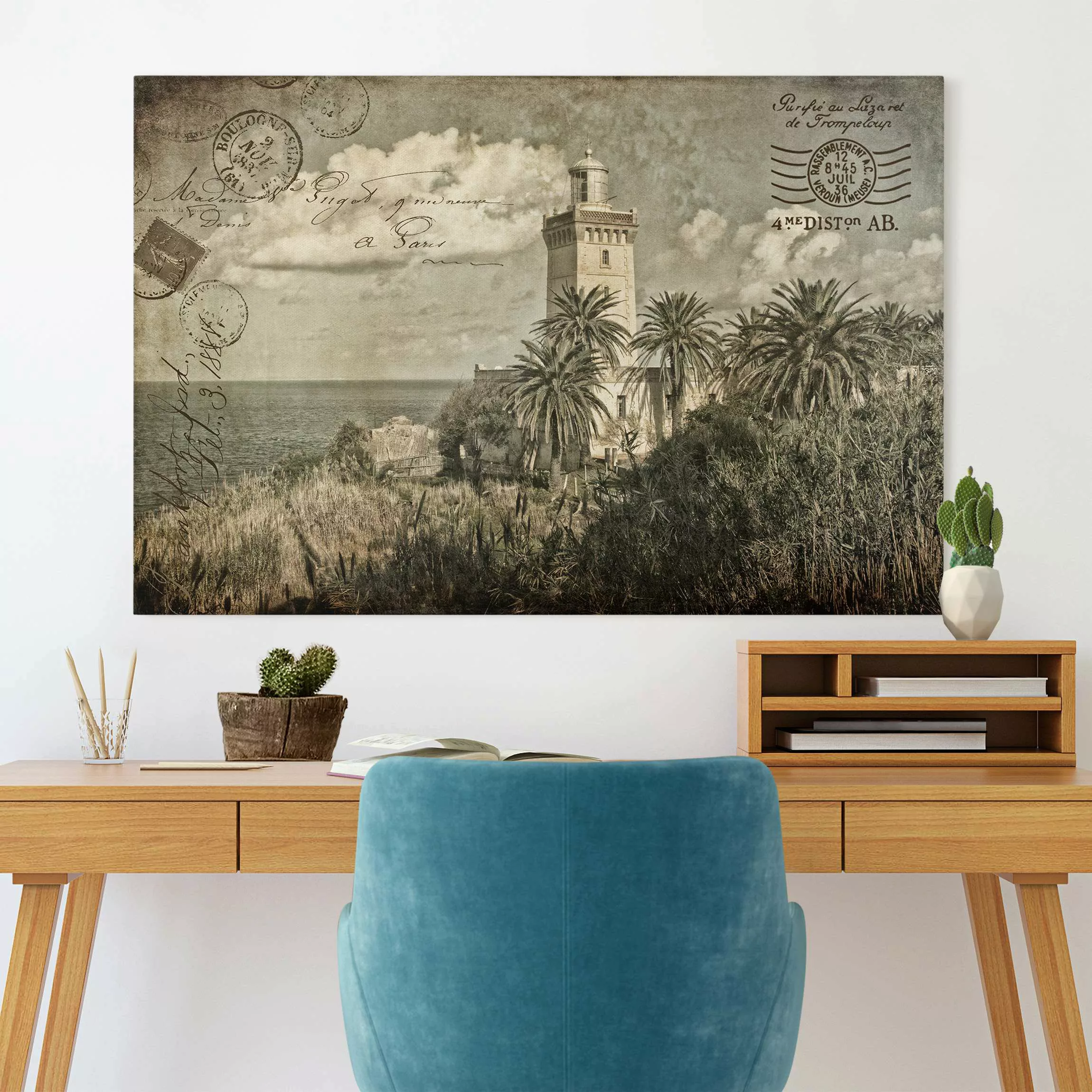 Leinwandbild Leuchtturm und Palmen - Vintage Postkarte günstig online kaufen
