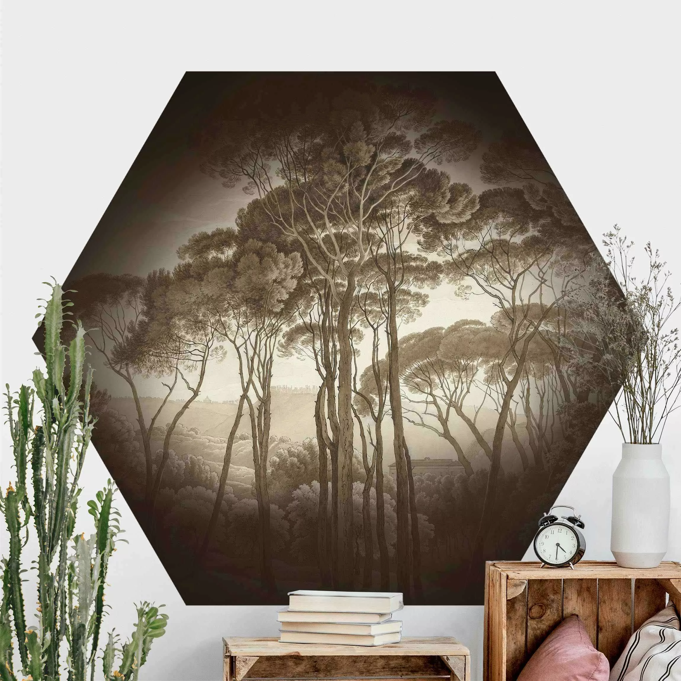 Hexagon Mustertapete selbstklebend Hendrik Voogd Landschaft mit Bäumen in B günstig online kaufen