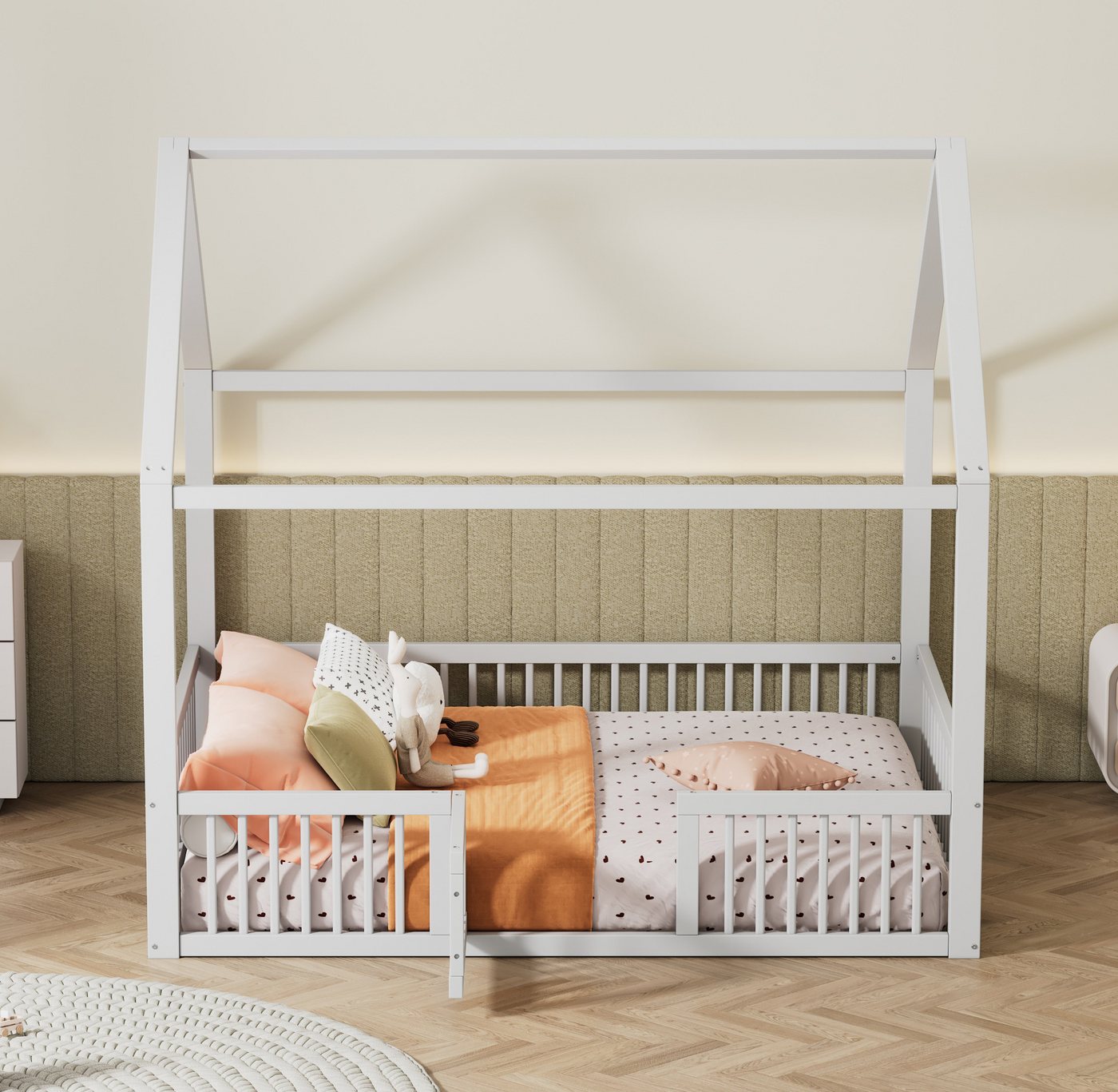 KoDise Kinderbett Hausbett Holzbett mit Türchen, Zaun,Kiefernholz,Robuste K günstig online kaufen