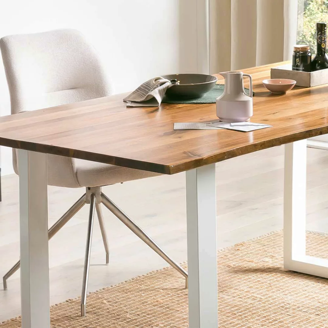 Baumkante Tisch Akazie mit weißem Bügelgestell Metall günstig online kaufen