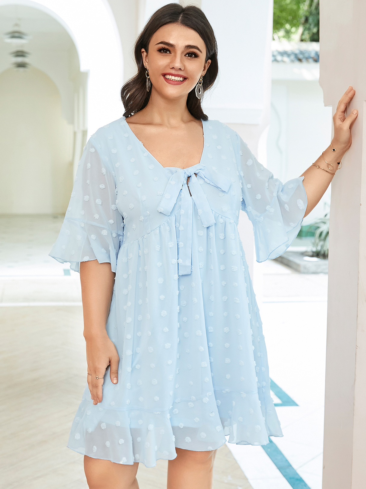 YOINS Plus Größe Polka Dot Double Layer Tie-up Design Halbe Ärmel Kleid günstig online kaufen