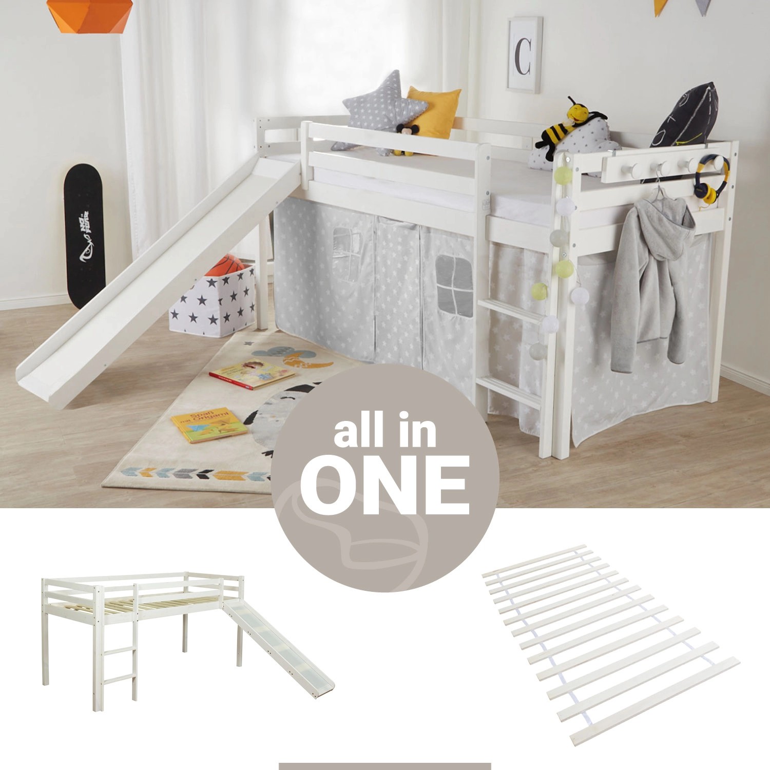 Homestyle4u Kinderbett 90x200 mit Lattenrost und Rutsche in Weiß 2254 günstig online kaufen