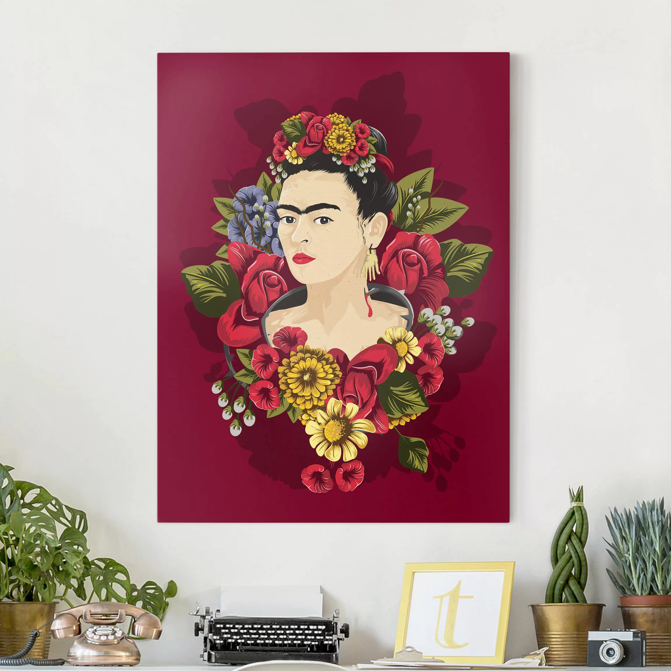 Leinwandbild - Hochformat Frida Kahlo - Rosen günstig online kaufen