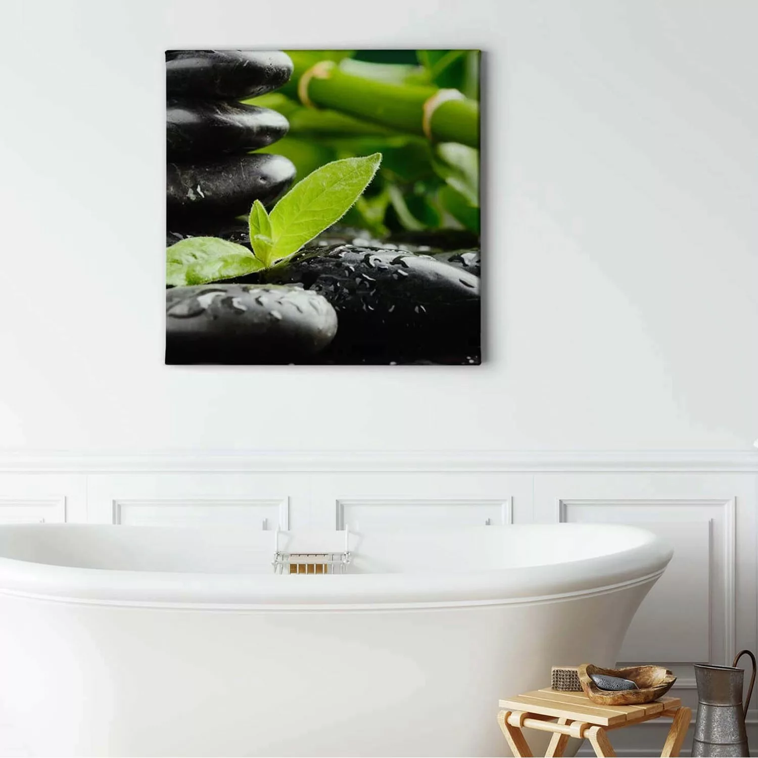 Bricoflor Bild Mit Steinen Auf Leinwand Zen Bild Mit Bambus Motiv In Grün U günstig online kaufen