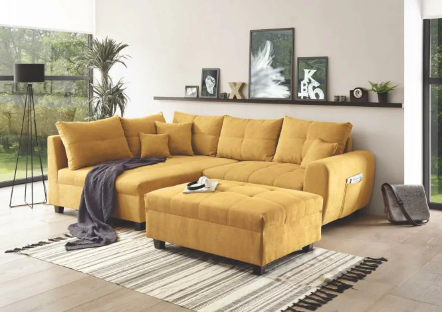 Couch L Form 248 x 176 cm Gelb Sofa mit Hocker LIER günstig online kaufen