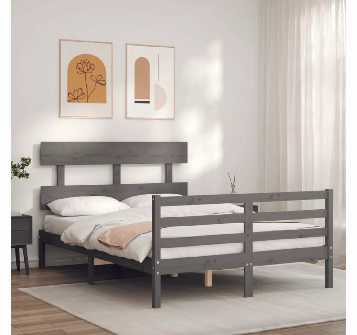 vidaXL Bett Massivholzbett mit Kopfteil Grau 140x190 cm günstig online kaufen