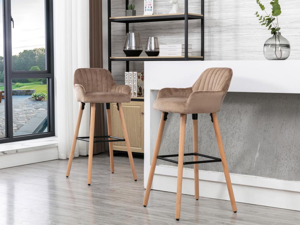 Barhocker - Samt & Buche - Beige - ELEANA günstig online kaufen