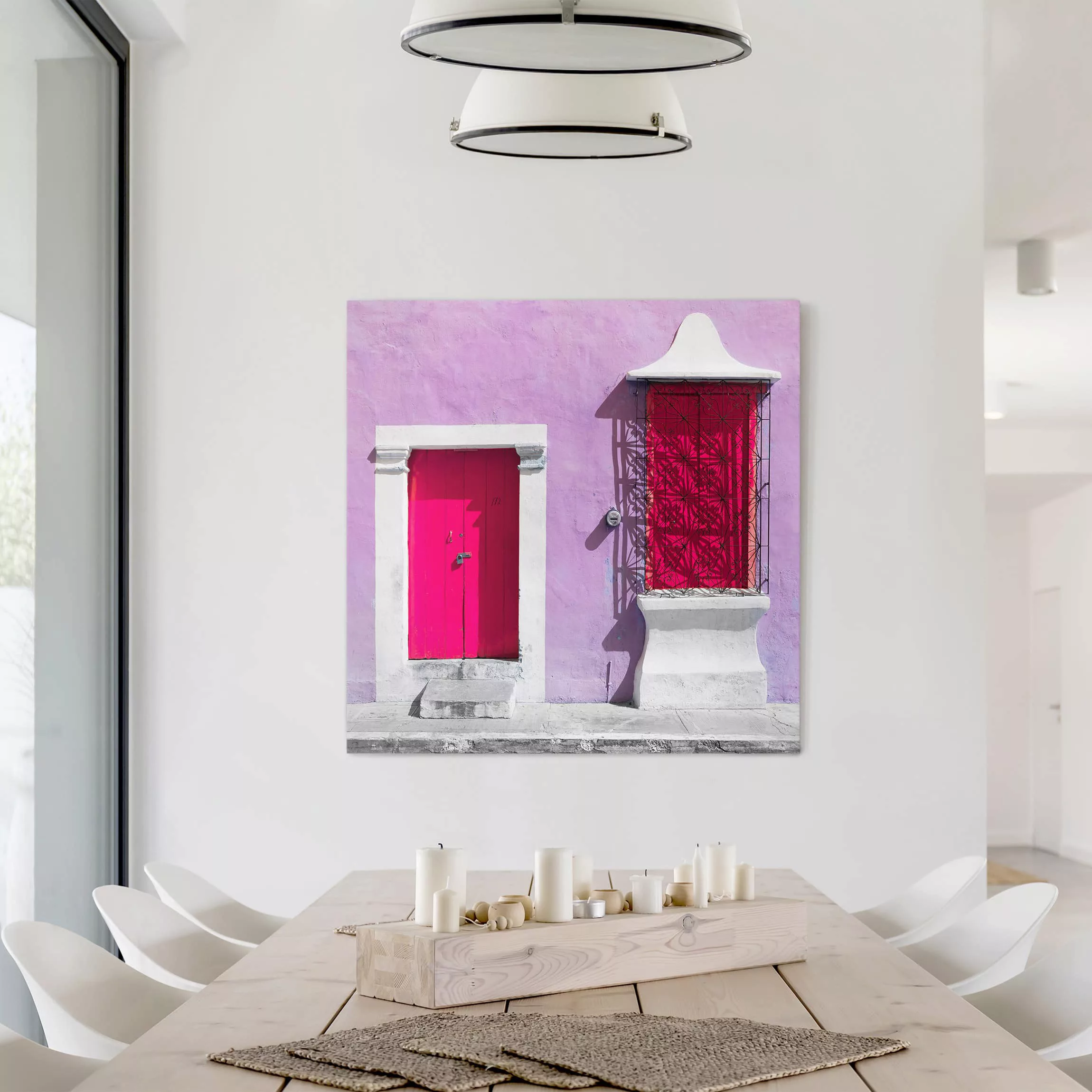 Leinwandbild Architektur & Skyline - Quadrat Rosa Fassade Pinke Tür günstig online kaufen