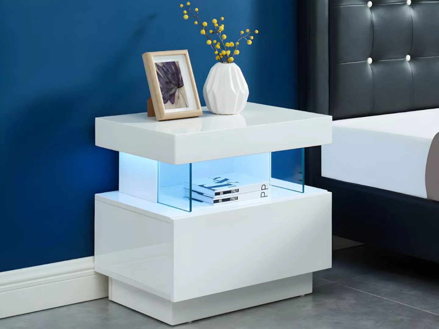 Nachttisch mit 1 Schublade & 1 Ablage + LEDs - MDF - Weiß lackiert - FABIO günstig online kaufen