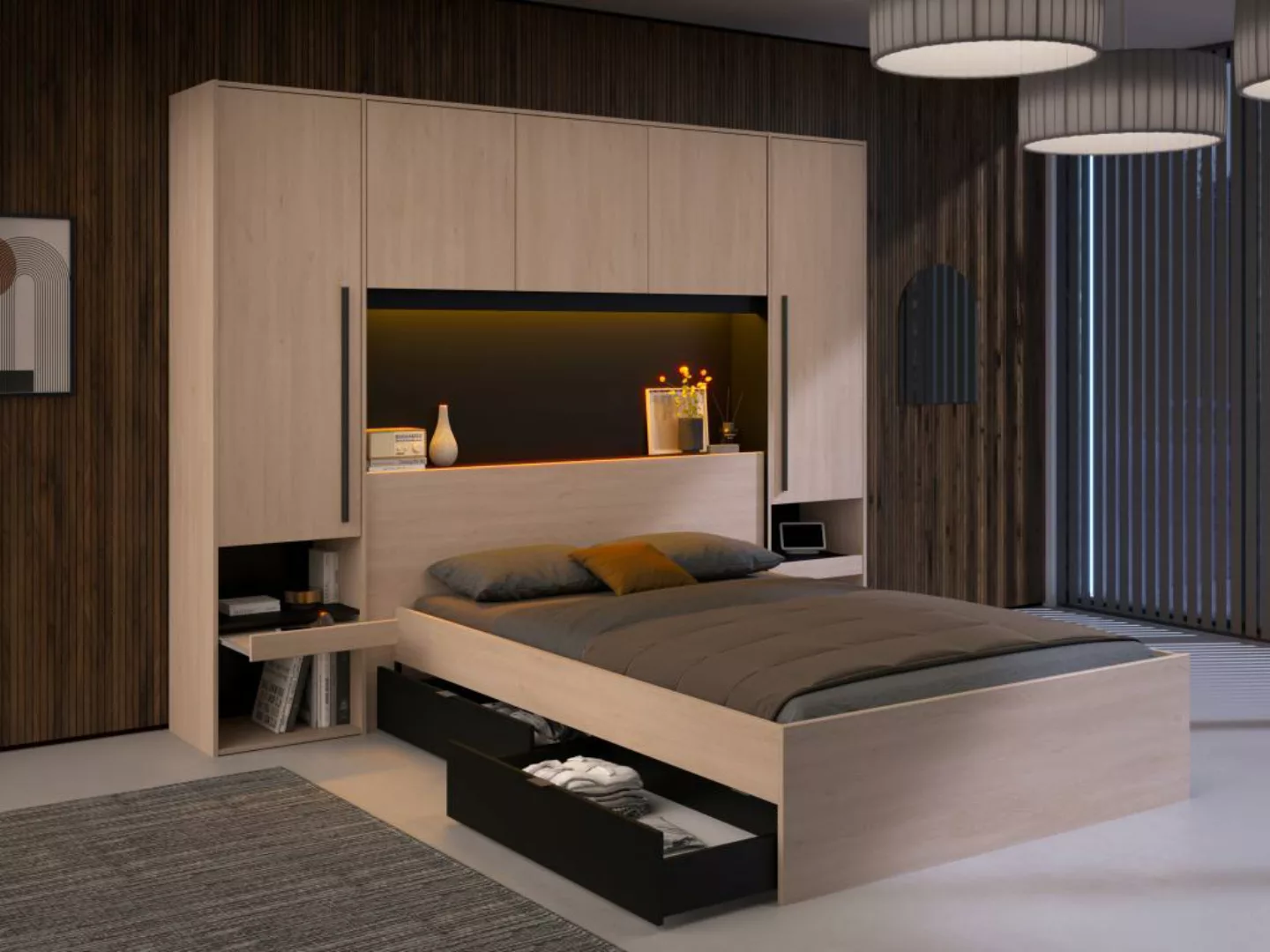 Bett mit Stauraum & LEDs - 140 x 190 cm - Naturfarben & Schwarz - VELONA günstig online kaufen