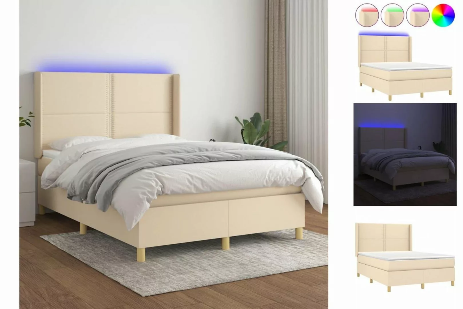 vidaXL Boxspringbett Boxspringbett mit Matratze LED Creme 140x200 cm Stoff günstig online kaufen