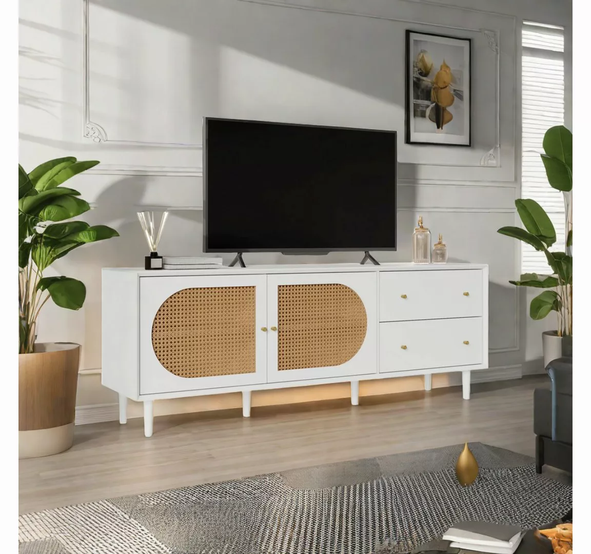 YNOFIT TV-Schrank Rattan TV-Ständer, 2 Schubladen, 2 Türen, 180*40*65 cm günstig online kaufen