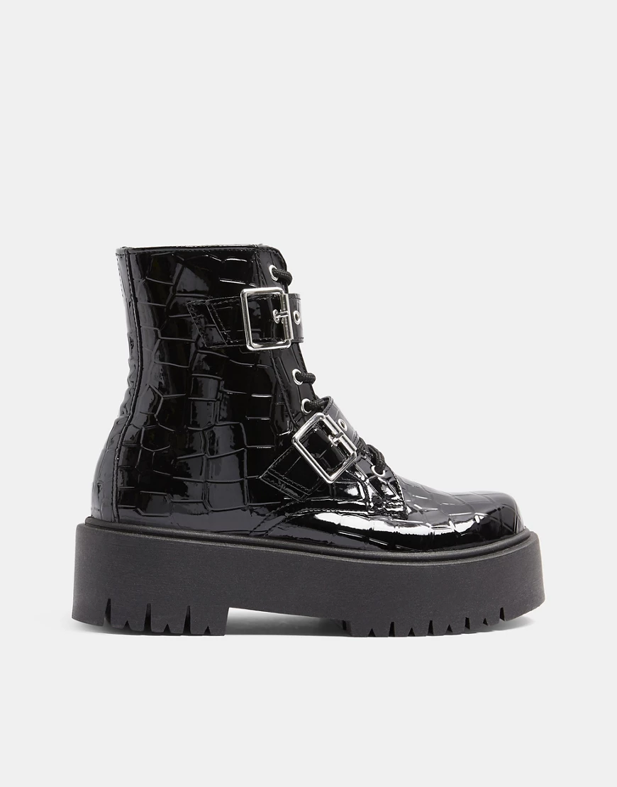 Topshop – Stiefel mit Schnallen und dicker Sohle in Kroko-Schwarz günstig online kaufen