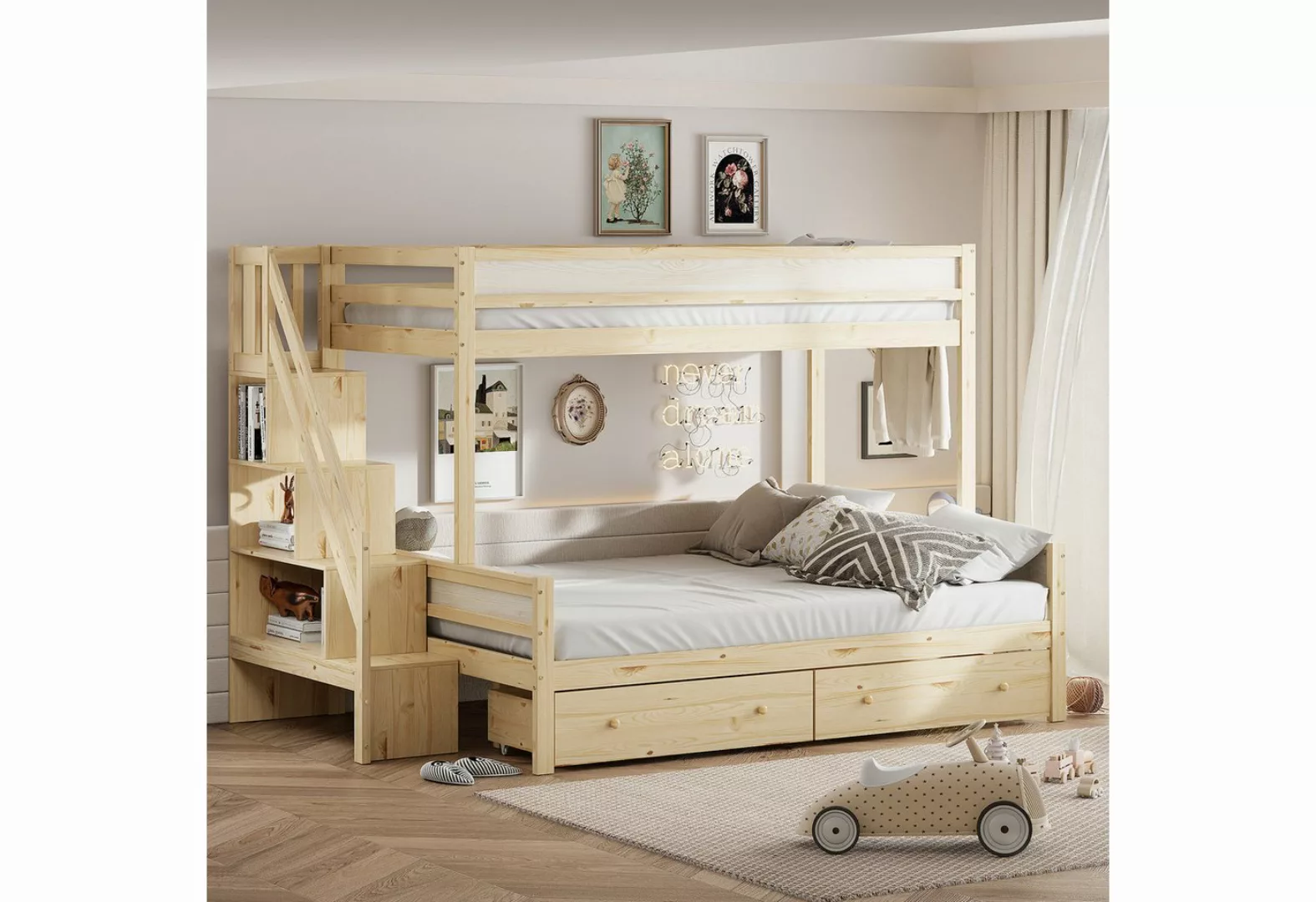 Rutaqian Etagenbett Kinderbett, Funktionsbett, Montessori Stil, Treppe mit günstig online kaufen