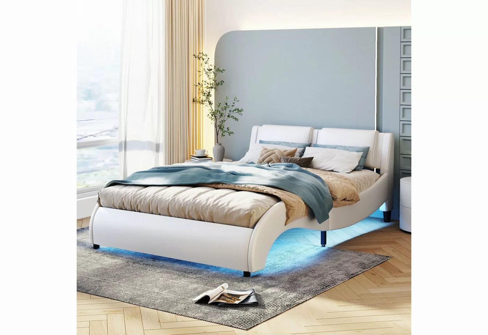 Flieks Polsterbett, LED Beleuchtung Doppelbett mit Bogendesign 140x200cm Ku günstig online kaufen