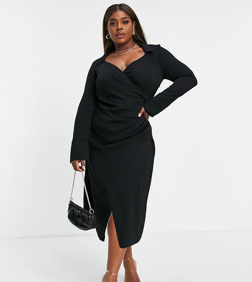 ASOS DESIGN Curve – Midi-Wickelkleid im Stil der 70er in Schwarz mit drapie günstig online kaufen