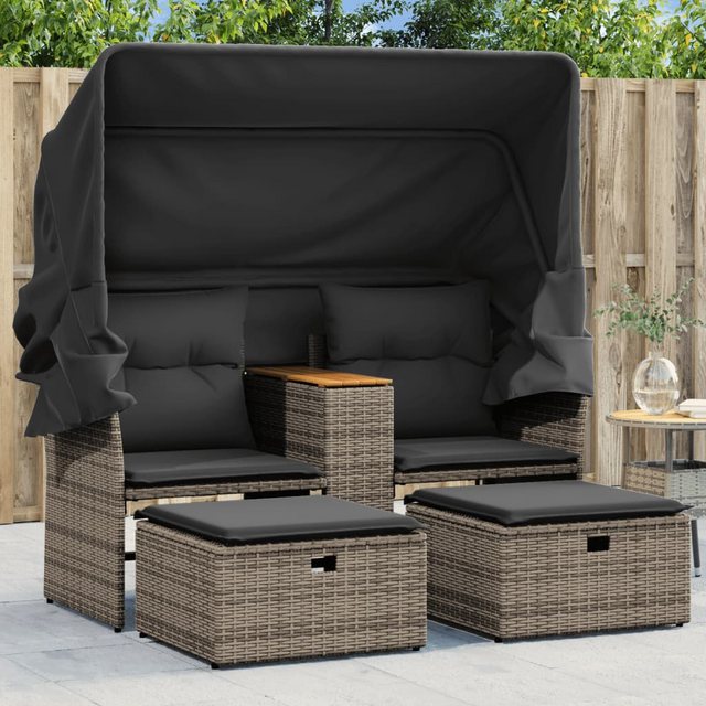 vidaXL Loungesofa Gartensofa 2-Sitzer mit Dach und Hockern Grau Poly Rattan günstig online kaufen
