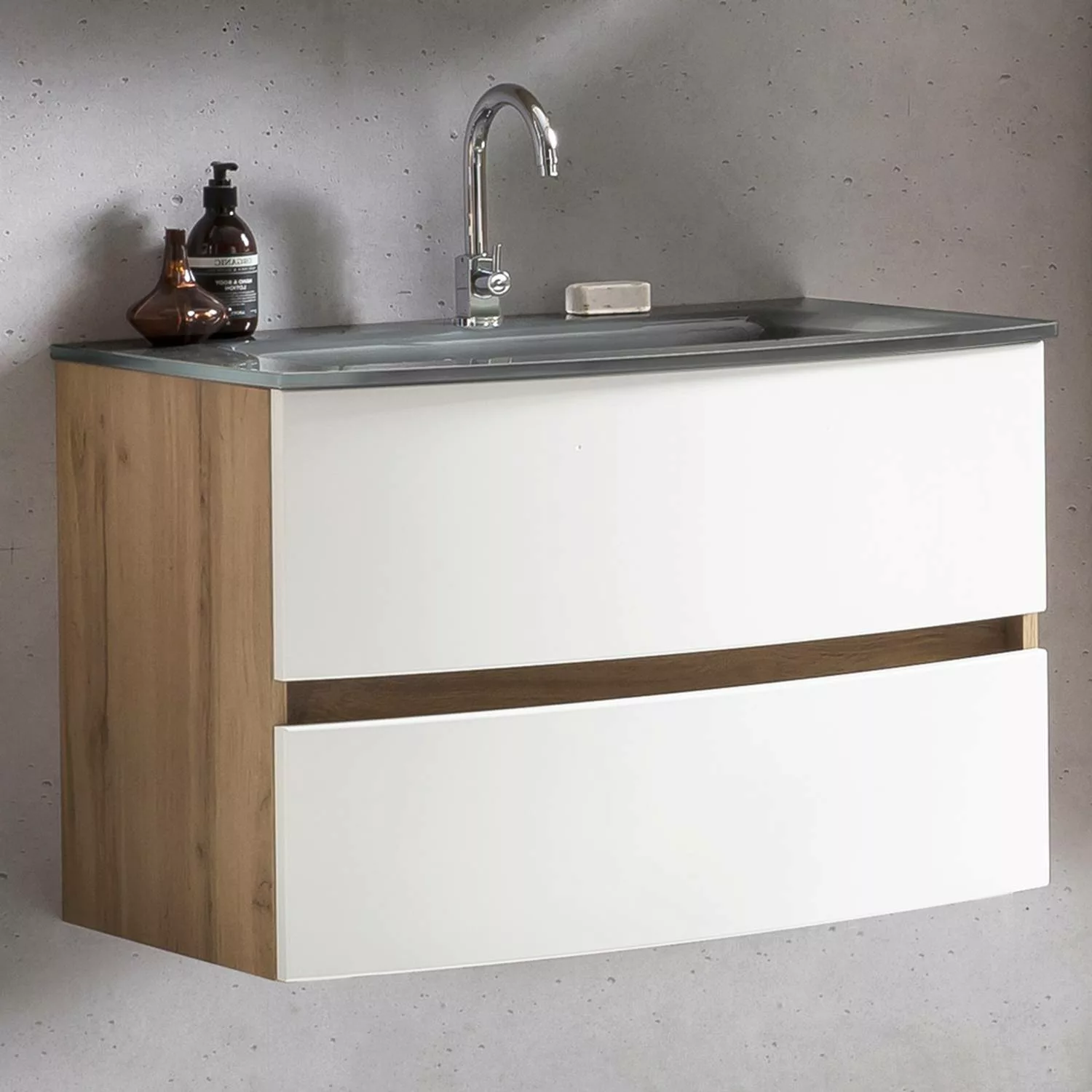 Badezimmer Waschtisch 80 cm Wotaneiche Nb. mit matt weiß LAURIA-03 inkl. Gl günstig online kaufen