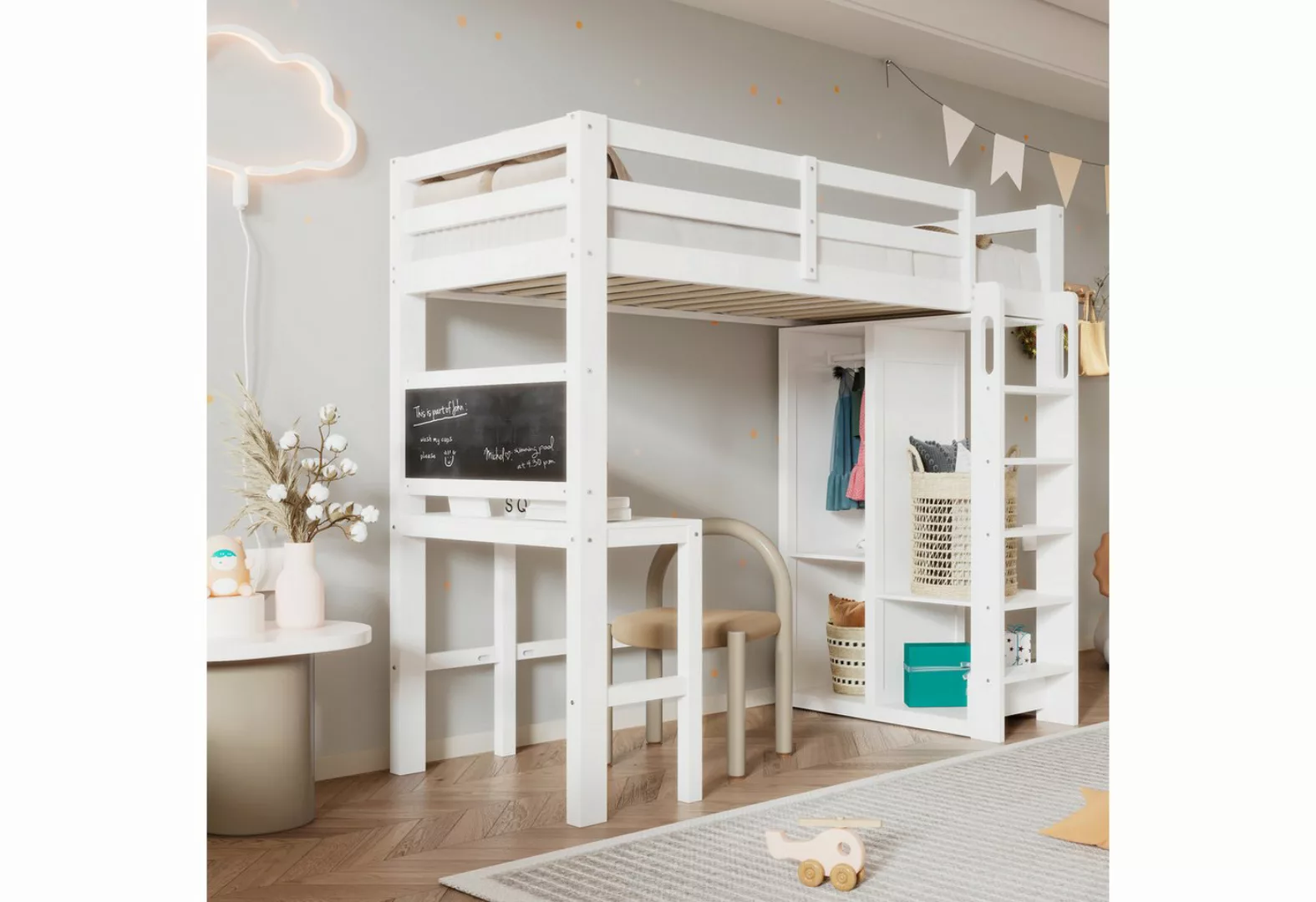 Odikalo Kinderbett Hochbett mit Schreibtisch Offener Kleiderschrank und Reg günstig online kaufen