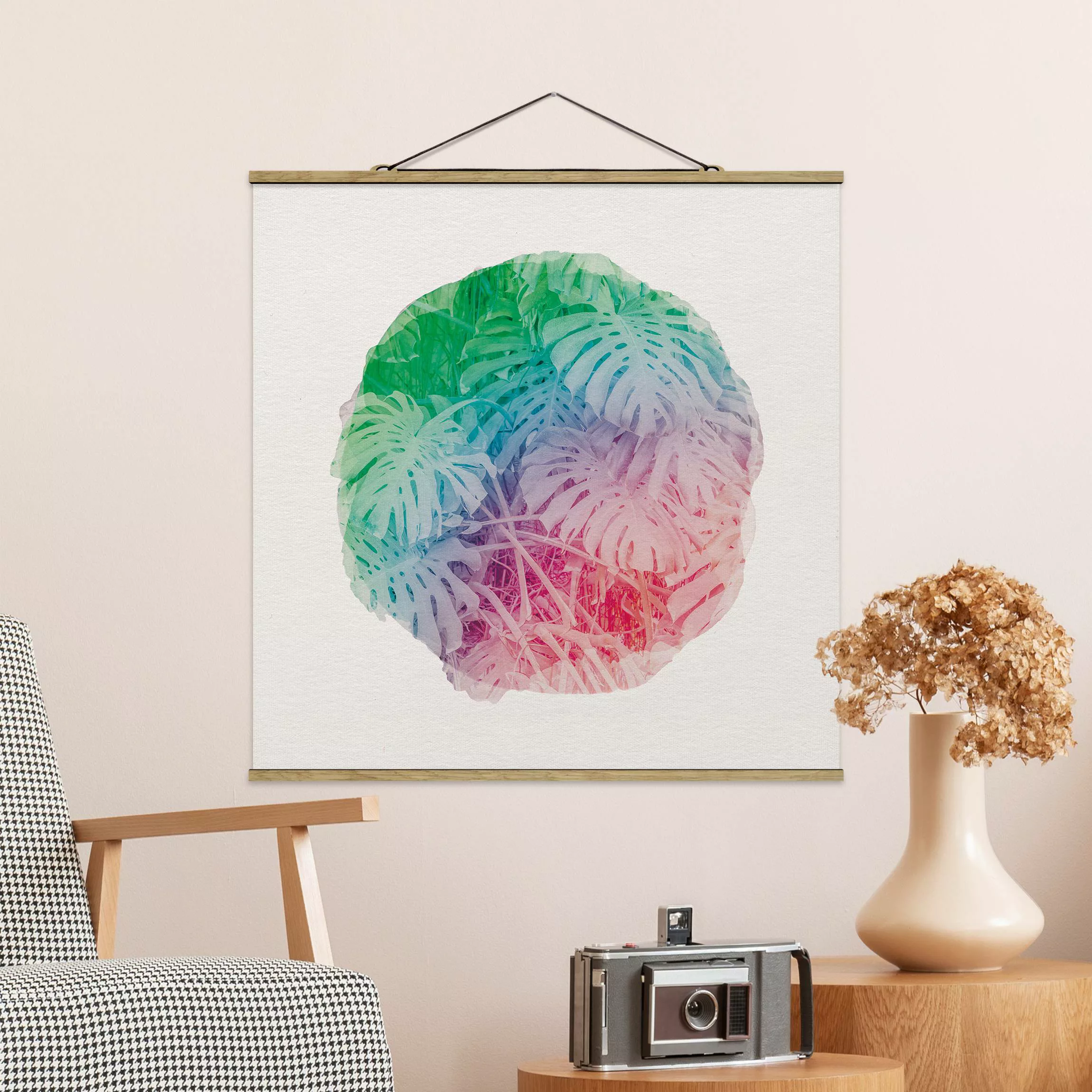 Stoffbild Blumen mit Posterleisten - Quadrat Wasserfarben - Pink Monstera günstig online kaufen