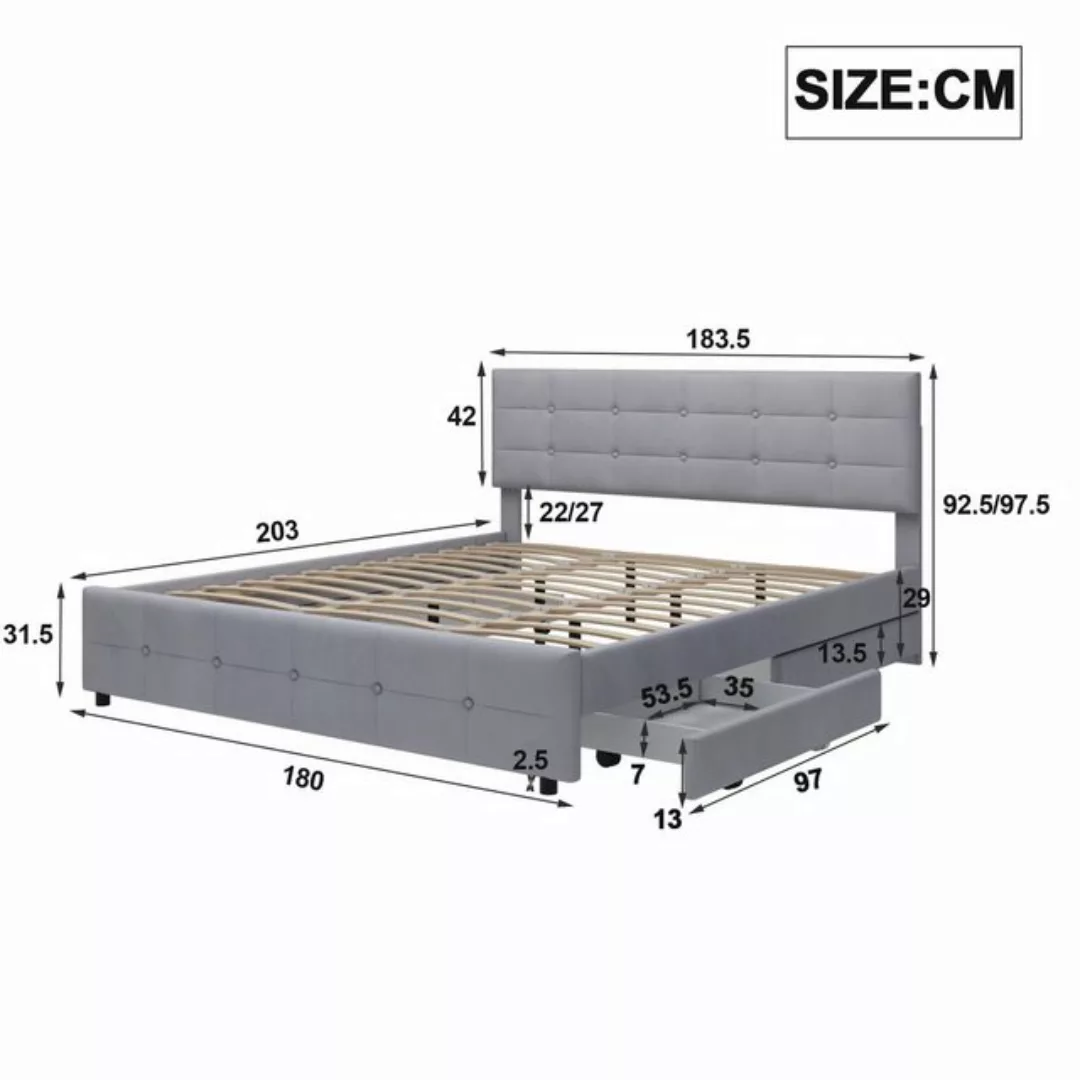 Ulife Polsterbett Doppelbett mit 4 Schubladen, Samt, 180 x 200 cm, Verstell günstig online kaufen