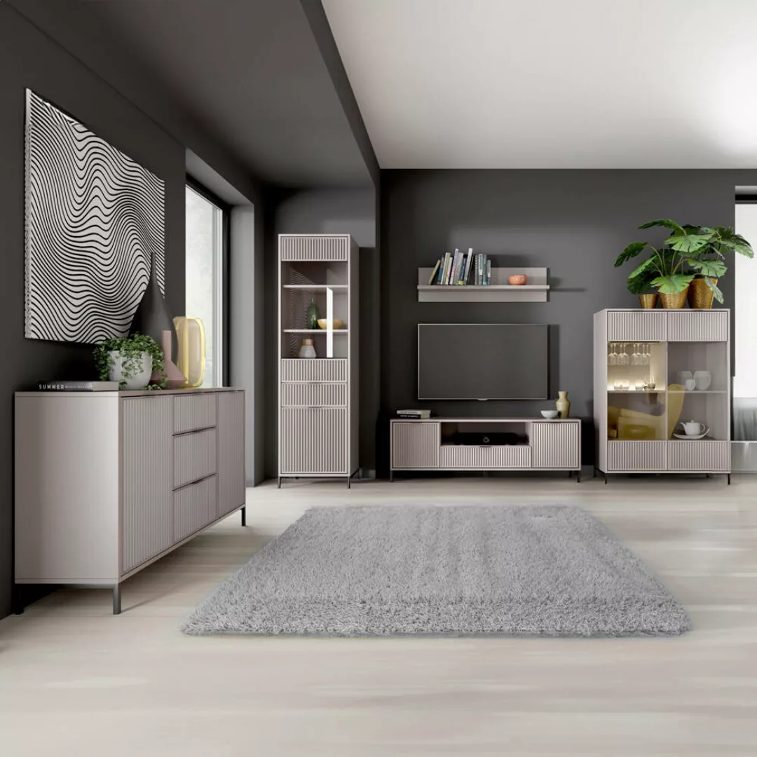 Wohnzimmer Set Kaschmir beige LAURO-161 modern mit Rillenoptik 5-teilig günstig online kaufen