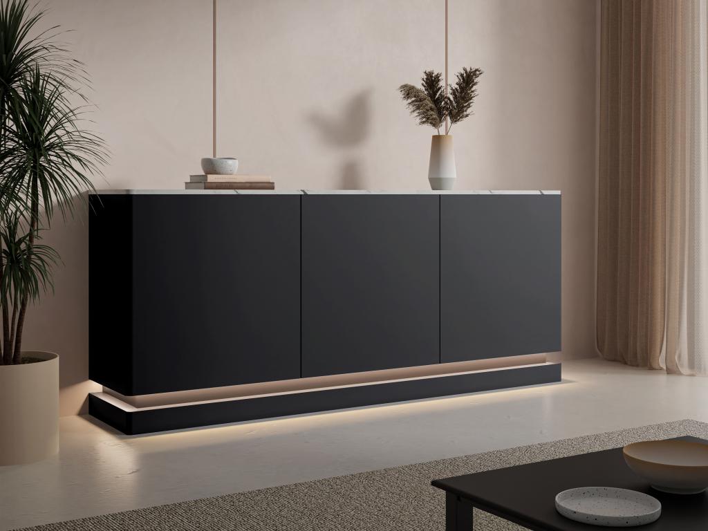 Sideboard mit 3 Türen - Mit LED-Beleuchtung - MDF - Schwarz & weiße Marmor- günstig online kaufen