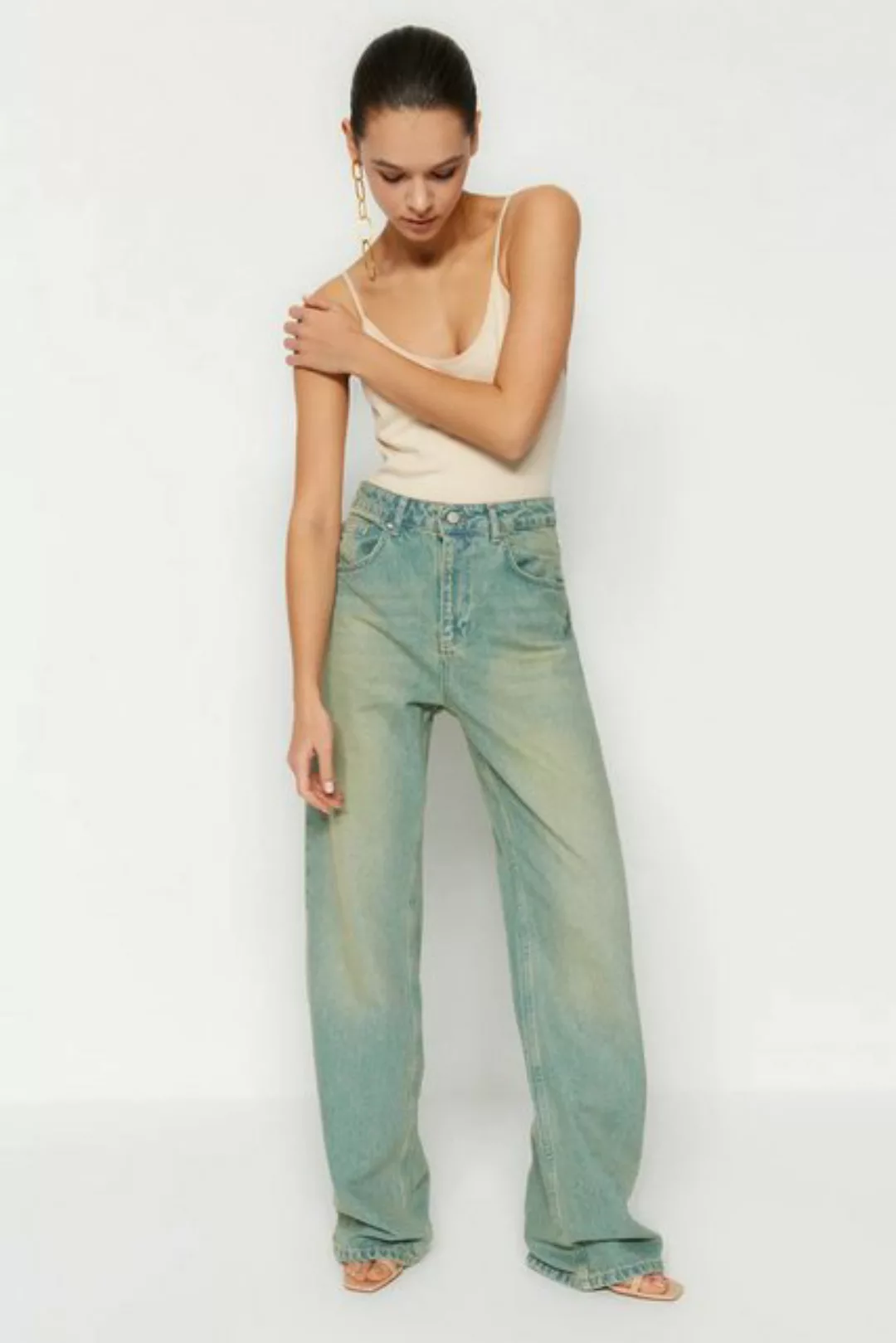 Nisan Ankle-Jeans Lange Wide-Leg-Jeans mit hohem Bund, 100% Baumwolle, Blau günstig online kaufen