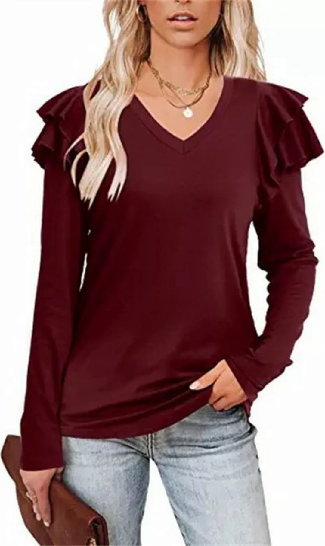 RUZU UG T-Shirt Langärmeliges Damen-T-Shirt mit Rüschen und lockerem V-Auss günstig online kaufen