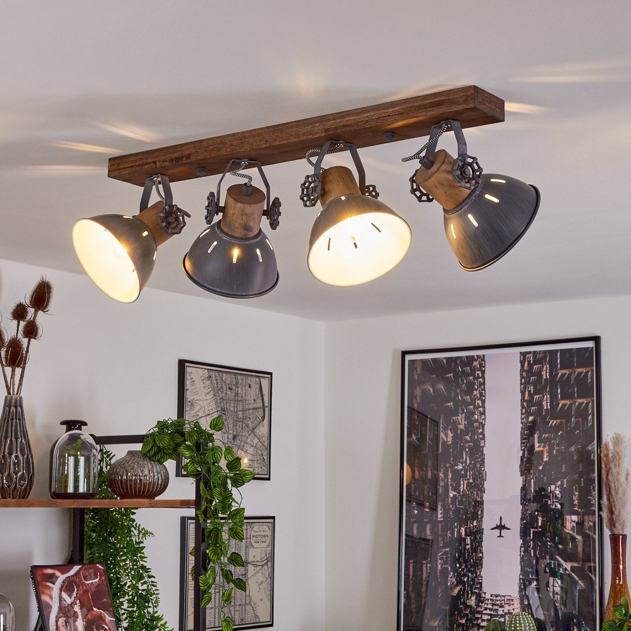 hofstein Deckenleuchte »Cotes« Deckenlampe, Metall/Holz, Grau/Weiß/Dunkelbr günstig online kaufen
