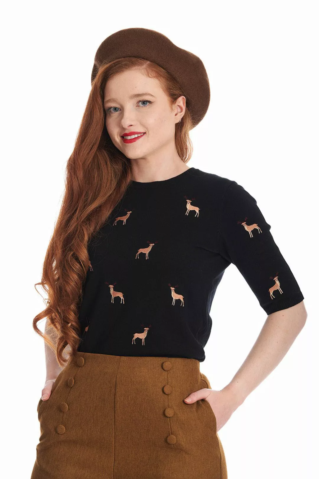 Banned Kurzarmpullover Sweet Deer Schwarz Vintage günstig online kaufen