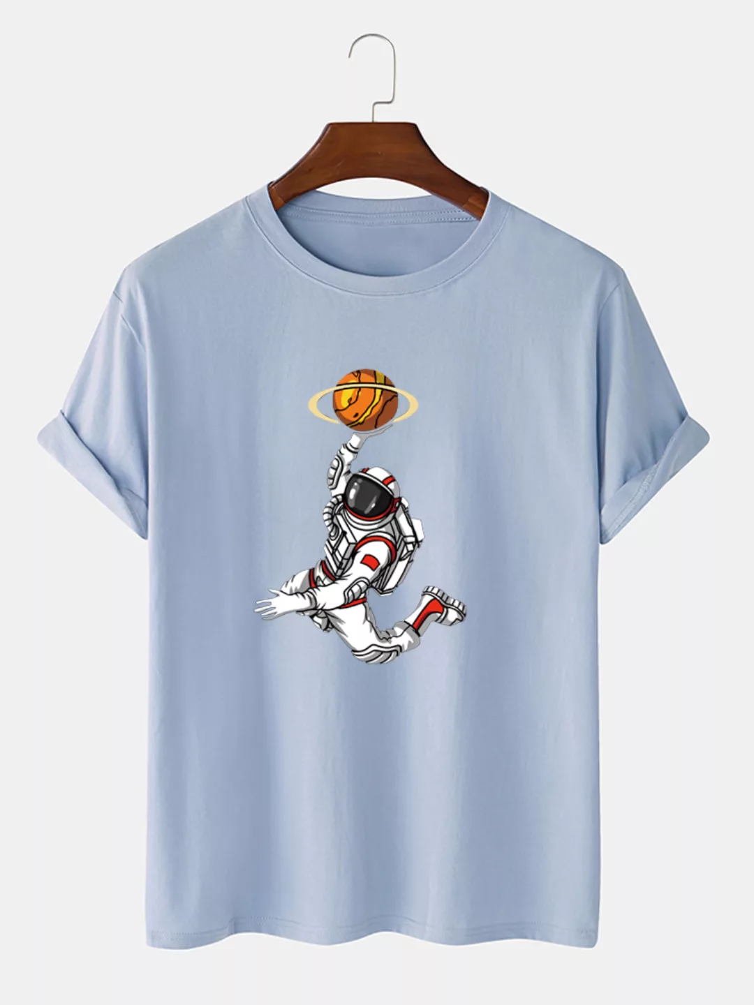 Herren 100% Baumwolle Cartoon spielen Basketball Astronaut Print Loose Ligh günstig online kaufen