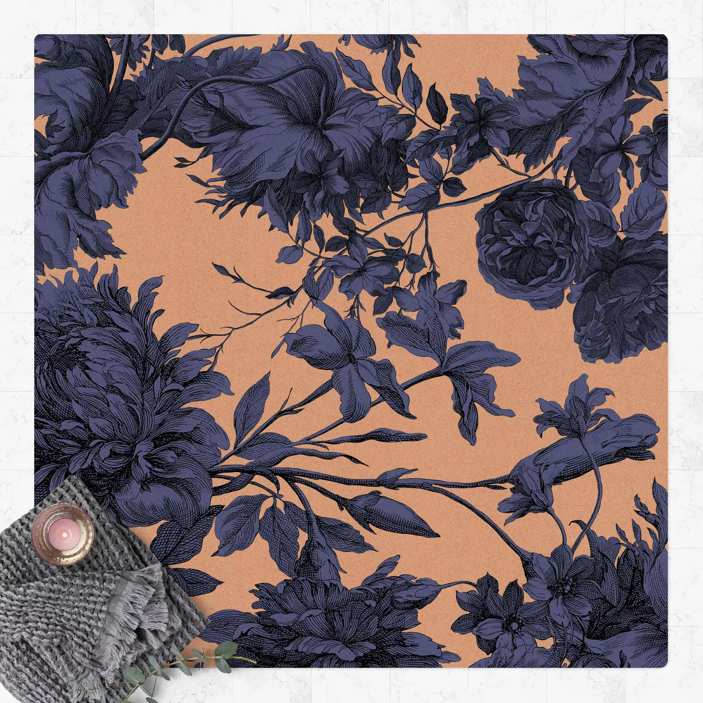 Kork-Teppich Floraler Kupferstich Geflecht Nachtblau günstig online kaufen